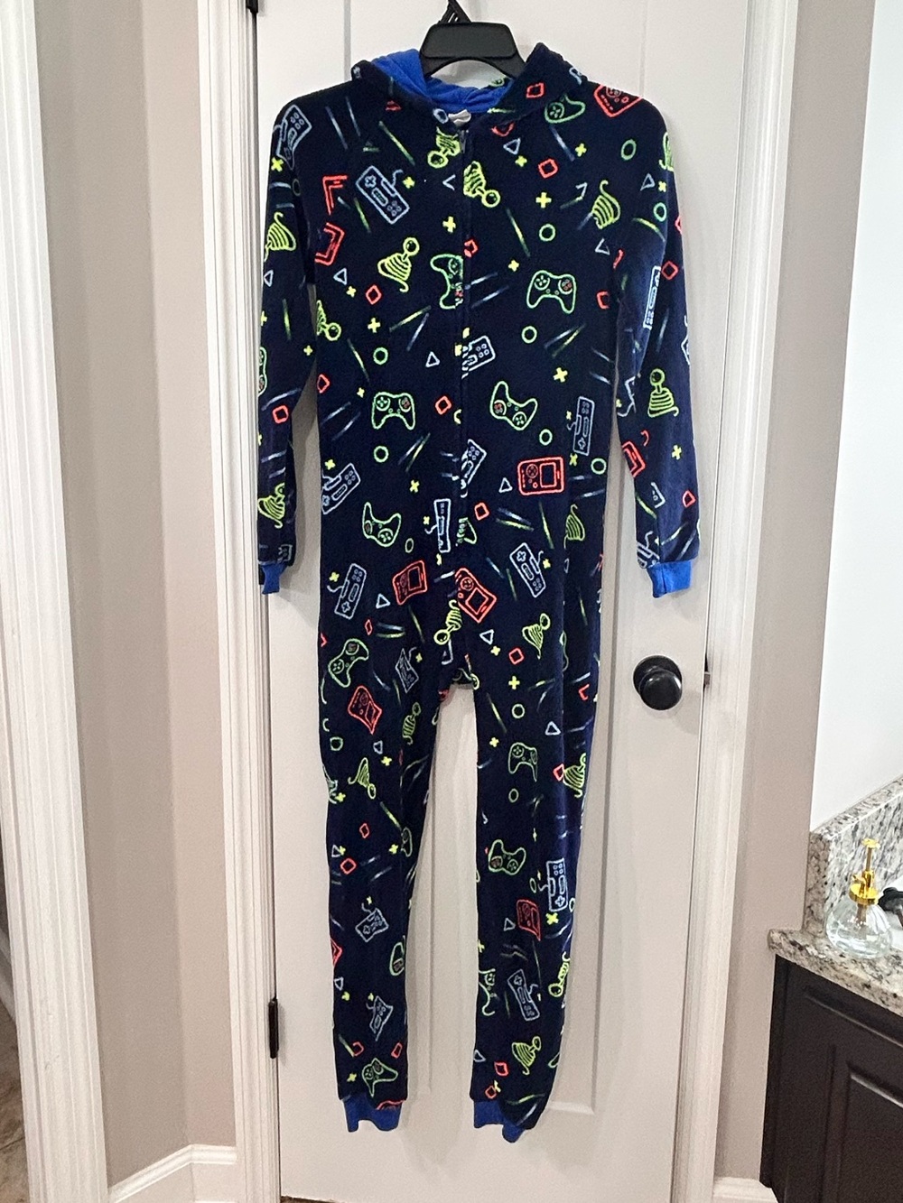 Cat & Jack Navy Hooded Onesie with Neon Game Print
